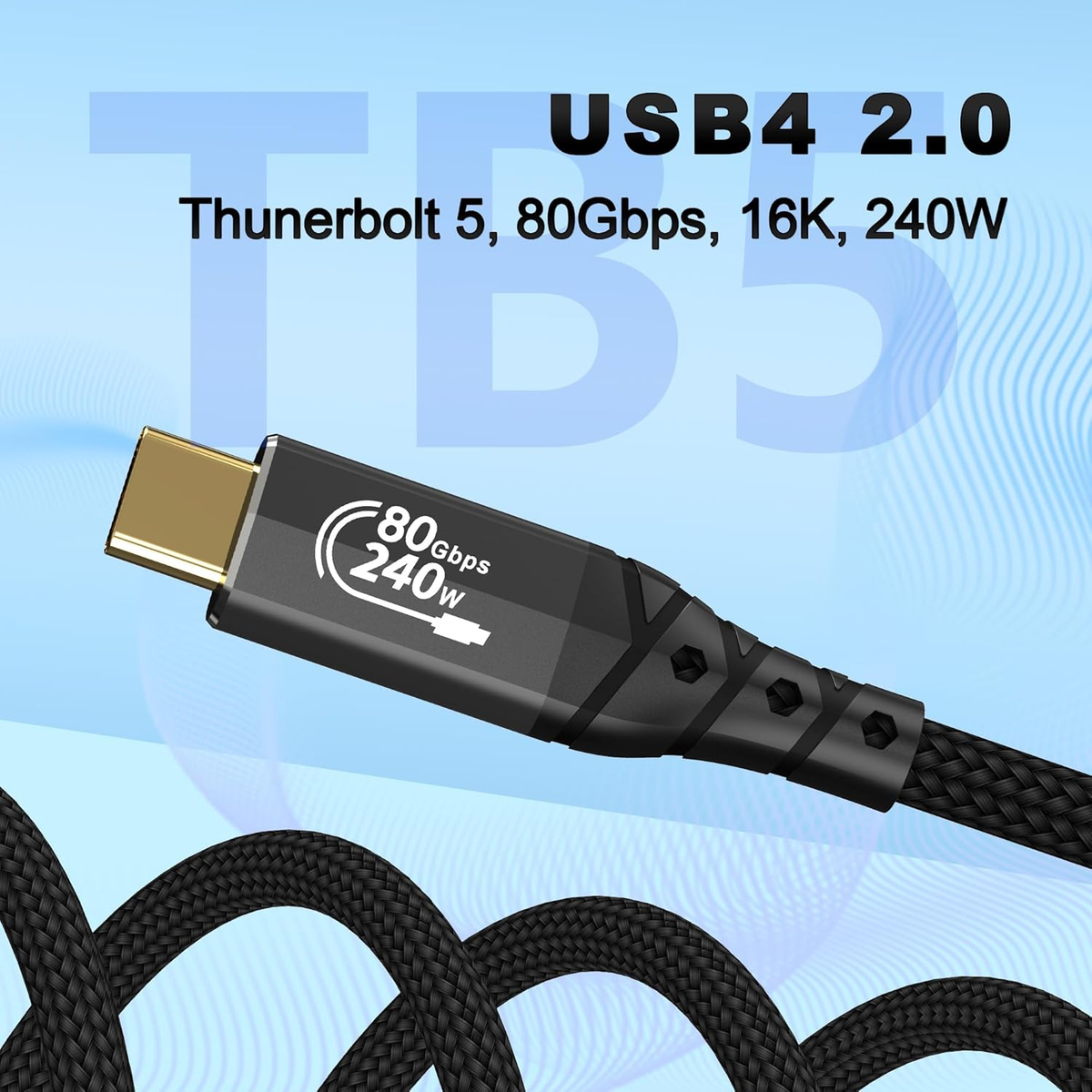 8K for Thunderbolt 5 Cable 10FT/3m, 80Gbps Data Transfer, USB C