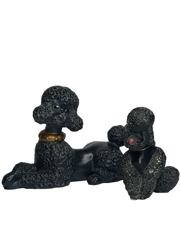 Vintage MCM Black Poodle Figurine Lot of 2 Atlantic Mold Germany Ceramic Set