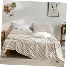 100 Cotton Bed Sheets Set Khaki and White Stripes Size, Soft Queen 1601