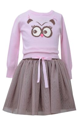 New Girl Bonnie Jean 2 PC Owl Sweater & Tutu Skirt Set Outfit SZ 4 5 6 6X Pink