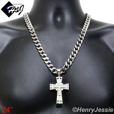 24"MEN Stainless Steel 11mm Silver Cuban Curb Chain Necklace CZ Cross Pendant*N7