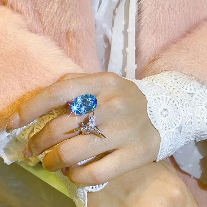 New Hummingbird 15mm Oval Blue Topaz Gemstone Special Women Luxury Silver Ring - Image 2 of 4