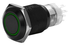 3/4" Black Momentary Stainless Steel Switch w/ Green Halo Push Button 19mm 12V