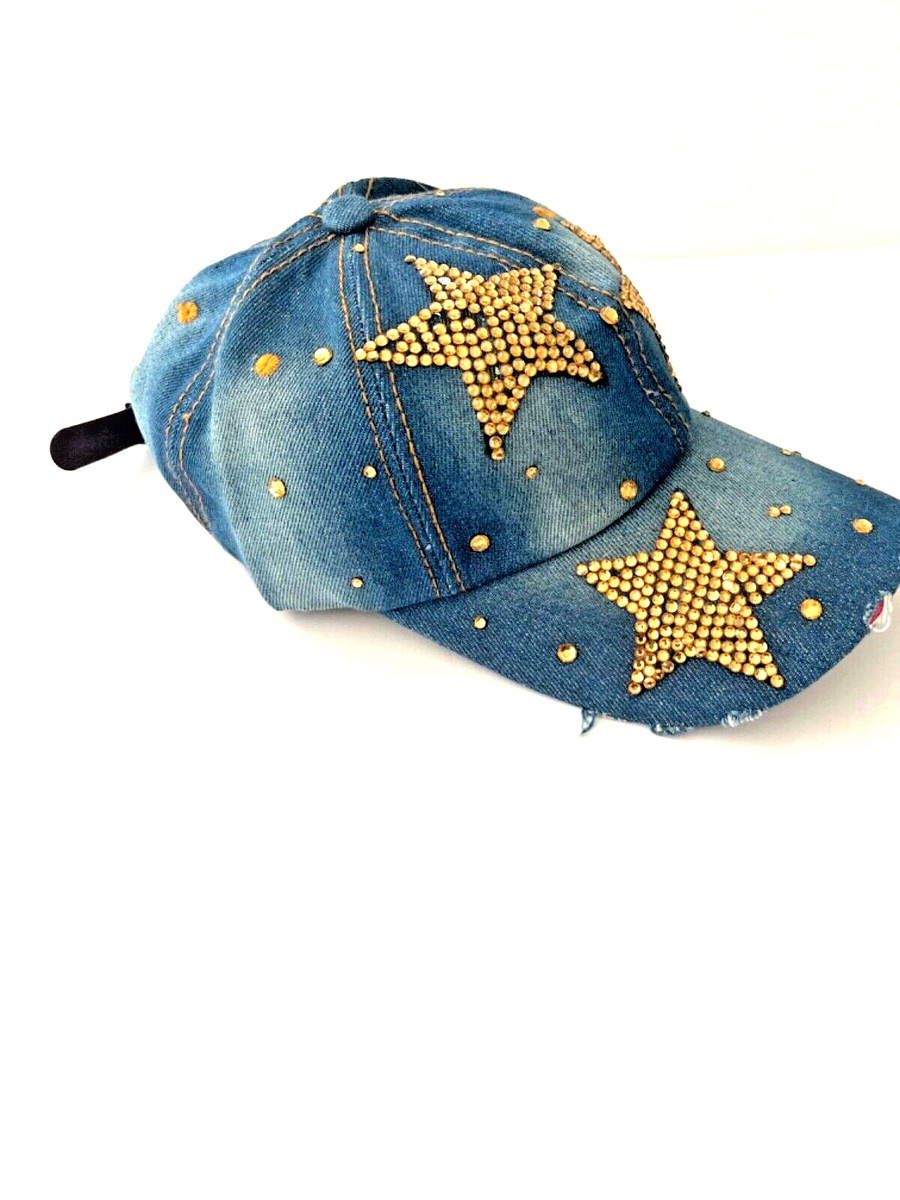 Womens Denim Rhinestone Bling Distressed Adjustable Baseball 