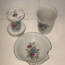 Vanity Set Japan Vintage Hand Painted Soap Dish Cup and Toothbrush Holder