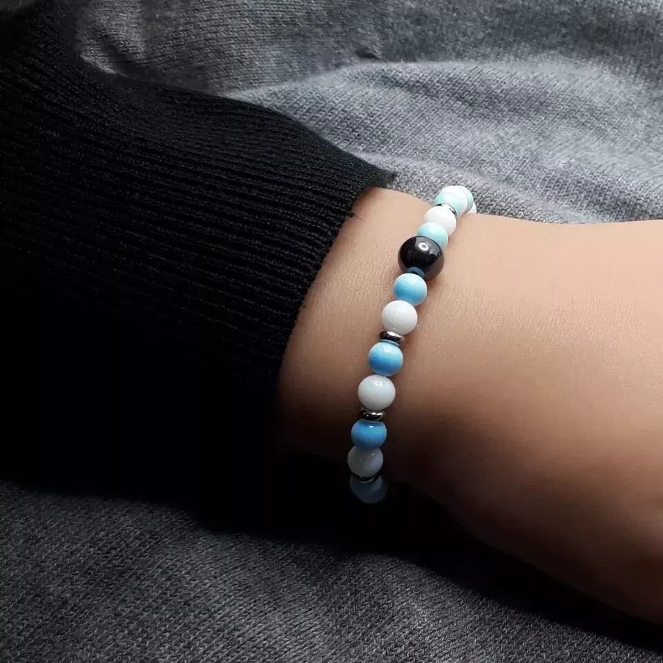 Bracciale SS LAZIO Bianco e Celeste Ematite Perle 6mm da Uomo Donna braccialetto - Immagine 4 di 4