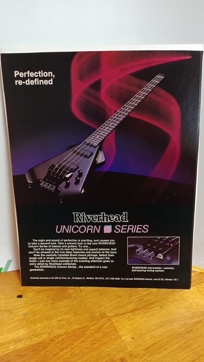 RIVERHEAD GUITARS UNICORN SERIES BASS GUITAR 1983 PRINT AD. 11 X