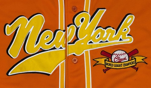 Clench 701 Jeans Vtg MLB New York World League Orange Baseball Jersey Size Large - Picture 2 of 9