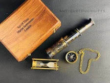 Antique Nautical Gift Set - 0.6 kg | Brass Compass, Sand Timer, Telescope