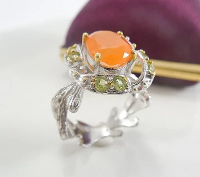 Damen Ring Rhodiniert Silber 925 mit Karneol Edelstein und Peridot - Bild 1 von 4