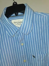 Abercrombie & Finch Men Light Blue Vertical Strip Muscle Button Down Shirt sz LG