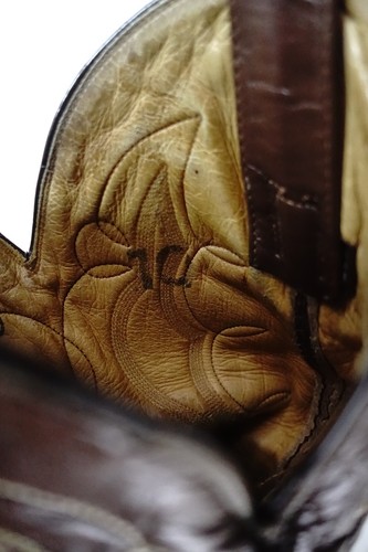 Stivali da cowboy vintage Montana Qstrich gamba uomo western 10 D - marrone patchato - Foto 17 di 19