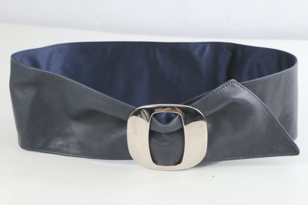 Giorgio Armani Reversible Navy Satin Leather Wide Belt Size 42 Italy Designer GIORGIO ARMANI Black Leather Beaded Gold Tone Metal Wide  main image 2