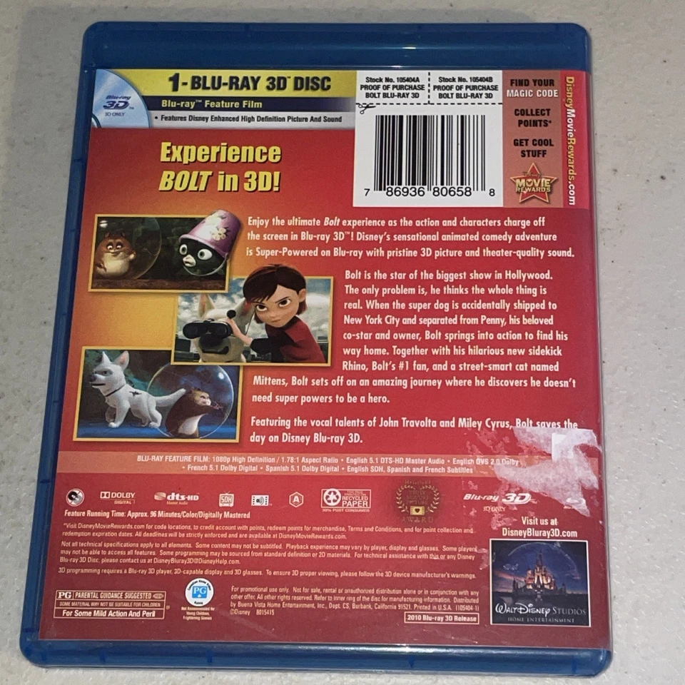 Bolt 3D ONLY Blu-Ray Movie Disney Miley Cyrus John Travolta Adventure Comedy Foto 2 de 3