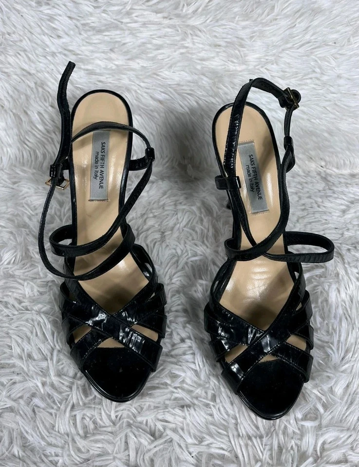 Saks Fifth Avenue Vero Cuoio Women's Black Strappy Heels Size 10B Italy Made - Image 2 of 4