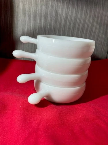 4 GLASBAKE White Milk Glass Soup Bowls w/ Handle 11 oz J2663 VGC