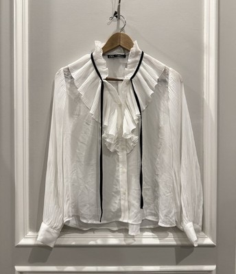 NWT ZARA Pleated Chiffon Ruffle Blouse White Black Ribbon Neck Tie Top XS 