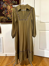 Olive Green Boho Maxi Dress S Smocked Bib Long Sleeve Pockets 100% Viscose