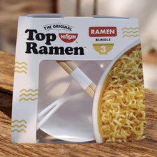 Top Ramen Bowl Set – Bowl, Soup Spoon, & Chopsticks – 3 Piece Gift Bundle New