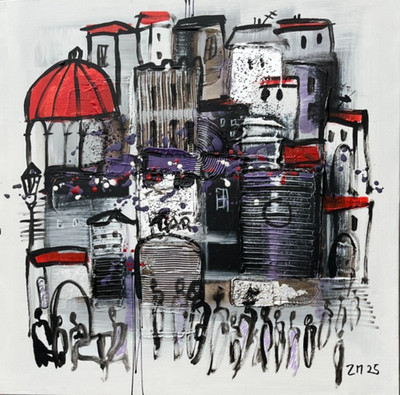 Acrylbild Stadt Italien 60x60x3 cm orig. Atelier Düsseldorf Mixedmedia Malerei