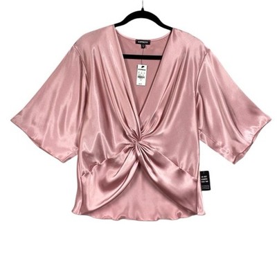 NEW Express Satin V-Neck Elbow Sleeve Twist Front Top Sz M Pink