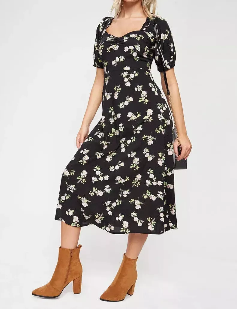 DOROTHY P3RKINS LADIES BLACK FLORAL TIE BACK SHIRRED WAIST MIDI