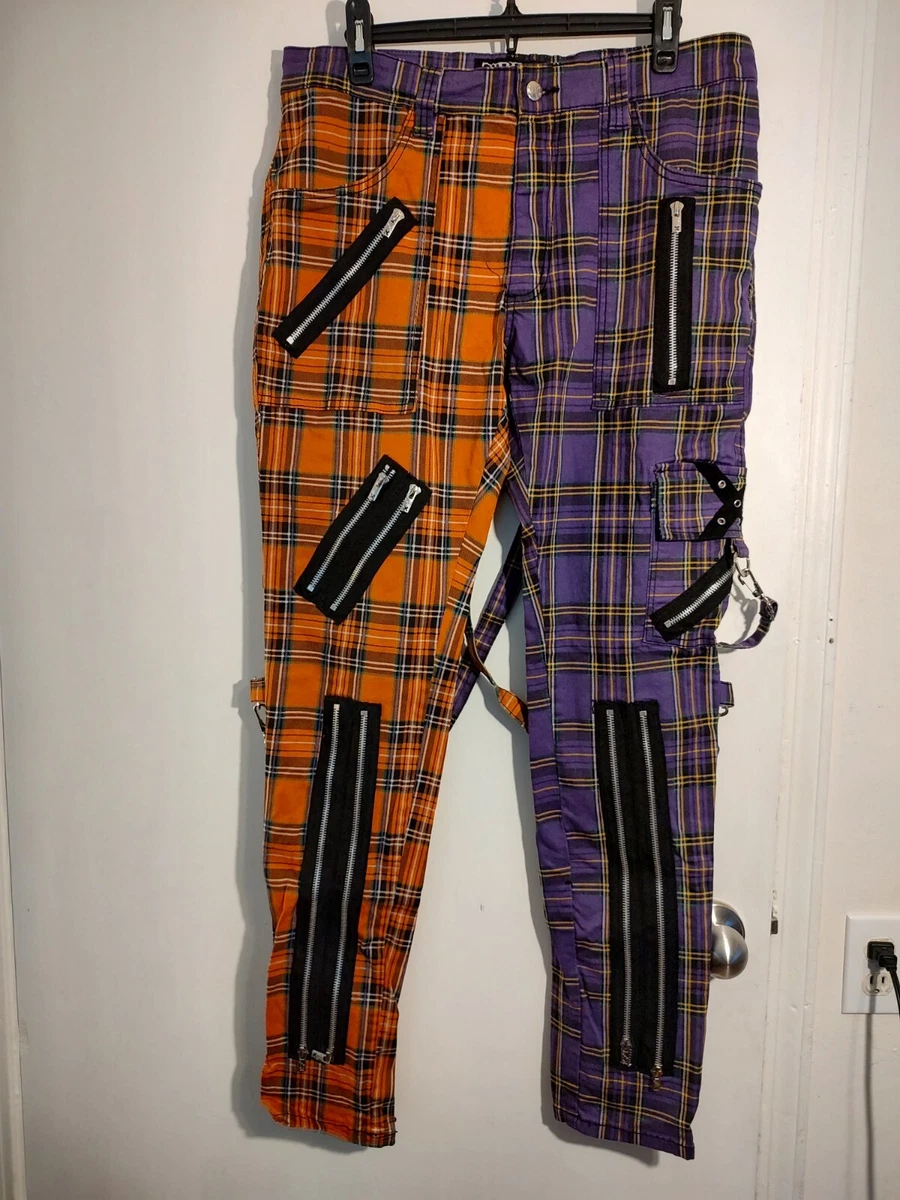 Vntg Tripp Purple Orange Plaid Chain Pants 36 M 15F Punk Goth Emo