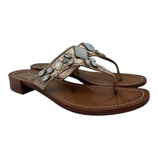 Tory Burch Metallic Crinkled Leather Crystal Embellished Thong 1" Heel Sandal 9M