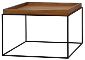 26 W Set Of 2 Square Side Table Teak Wood Tray Style Top Slender Metal Frame Ebay
