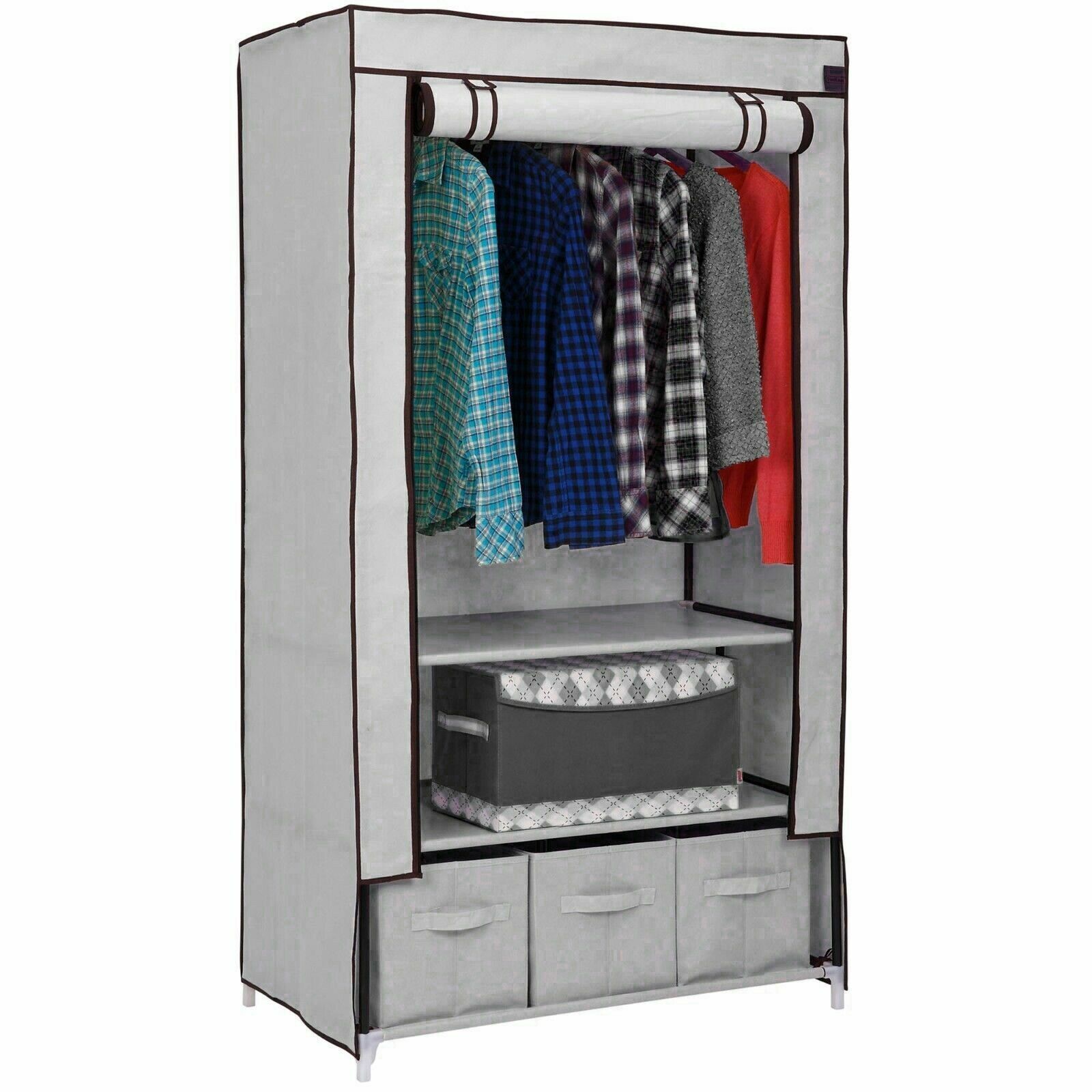 Heavy Duty Fabric Canvas Wardrobe Clothes Cupboard Hanging Rail