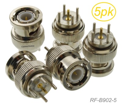 5-Pack BNC Male PCB Mount 50-ohm Thru Hole Vertical Solder Type RF Connectors