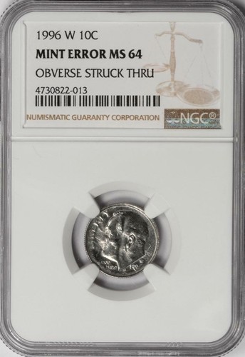 1996 W NGC MS64 Major Stuck Thru Rare Dime Mint Error Many Fibers Showing Cloth? - Picture 2 of 6