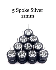 5x Silver 5 Spoke 11mm Real Riders Wheels w/ Rubber Tires Set 1/64 For Toy Cars