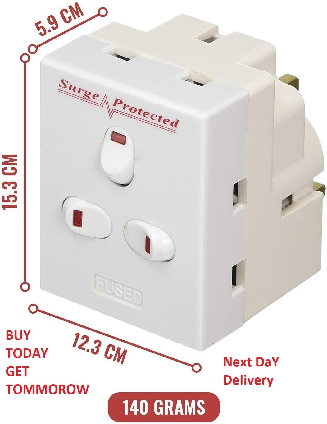 3 way switched surge protected 13A adaptor 3 UK mains plug-in with NEON switched