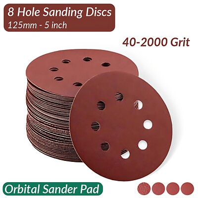 125mm - 5'' 8 Hole Sanding Discs 40 60 80 120 240 - 2000 Grit Orbital Sander Pad