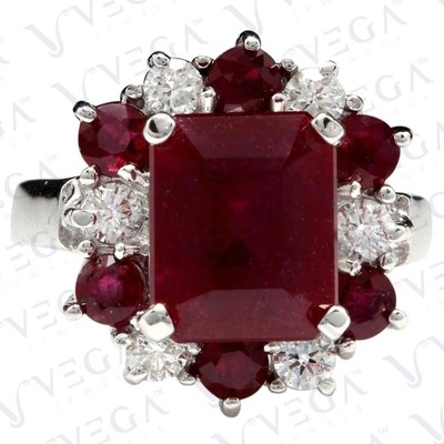 6.50ct Emerald Cut Natural Ruby & Diamond Engagement Ring 18K White Gold Plated