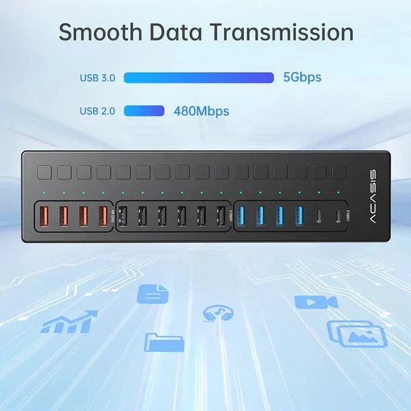 ACASIS Powered USB Hub 16 Ports Hub USB 3.0/2.0 Single Switch 60W Power Adapter