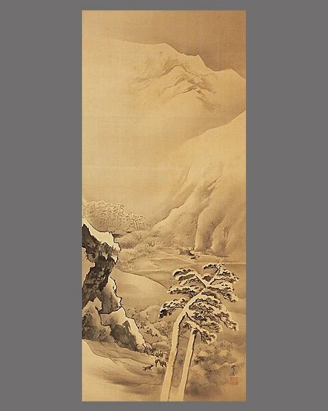 PINTURA JAPONESA PAISAJE COLGANTE PERGAMINO JAPÓN Camino cubierto de nieve ANTIGUO 666r Foto 3 de 4