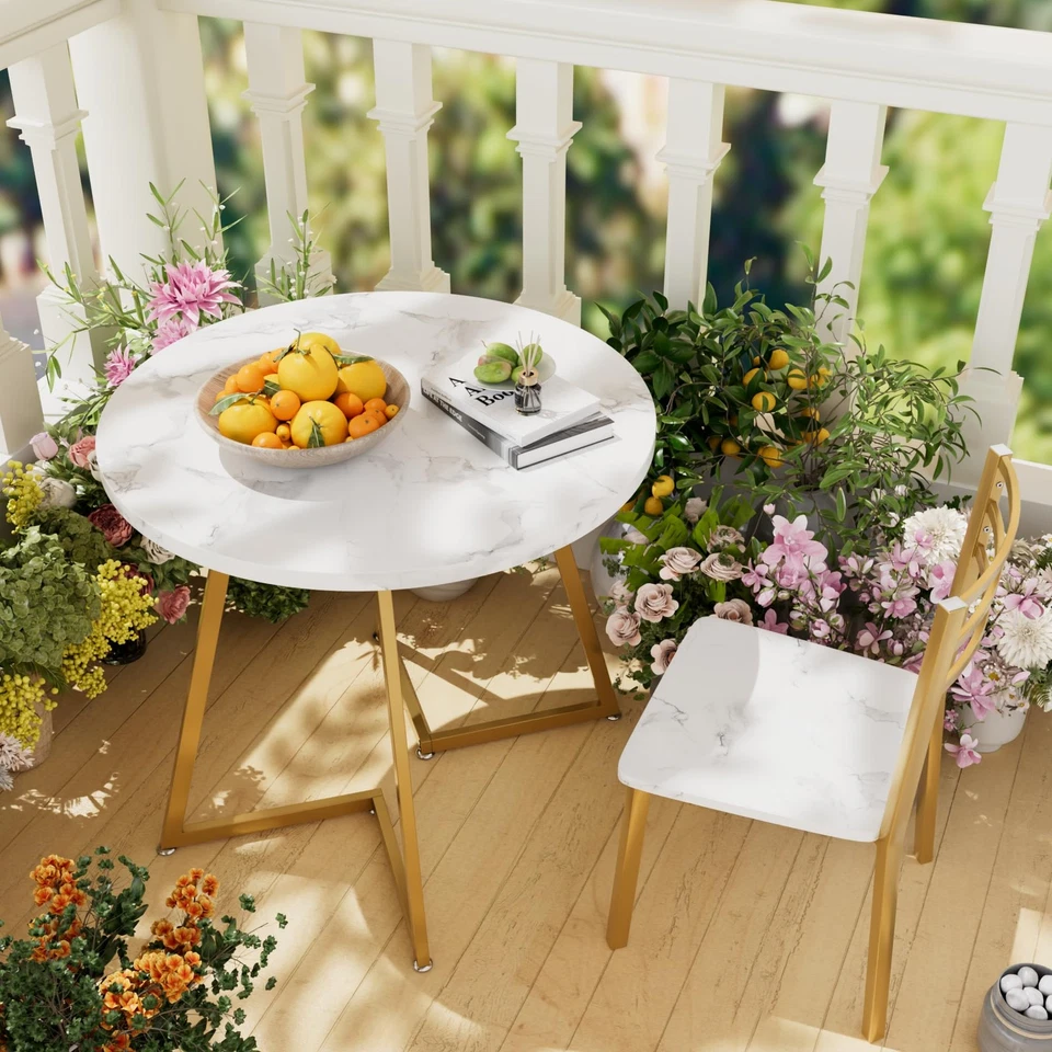 Round Dining Room Table with Wood Grain Tabletop and Steel Frame, for Kitchen... - Image 2 of 4