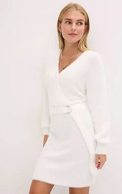 FREEMANS Knitted Mini Wrap Dress in White UK 10/12 (fm270-9)