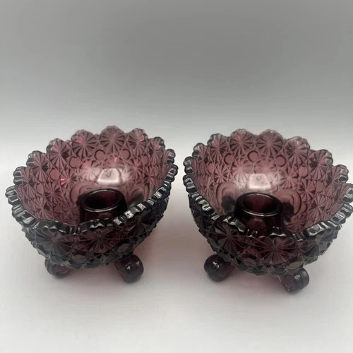 Pair of Fenton LG Wright Daisy and Button Footed Purple Taper Candle Holders