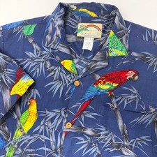 Paradise Found Mens Small Hawaiian Shirt Blue Parrot Macaw Bamboo Cotton Hawaii