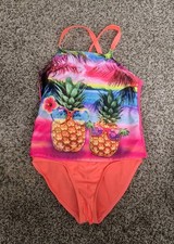 Wonder Nation Girl Two Piece Swimsuit 6/6X Orange Hawaiian Design EUC
