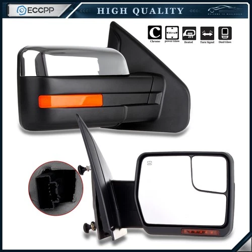 Chrome Tow Mirrors For 04-14 Ford F150 Pair Power Heated Puddle Signal Light