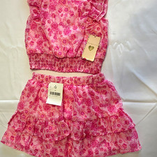 b'tween Girls 2pc Pink Floral Smocked Sleeveless Top Ruffle Skirt 4T