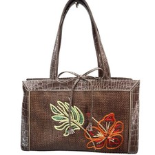 Liz Claiborne Vintage Brown Woven Straw Floral Embroidery Satchel Purse Bag