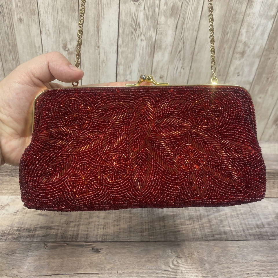 Beaded Floral Red Gold Bag Clutch Vintage Inspired - Image 3 of 4