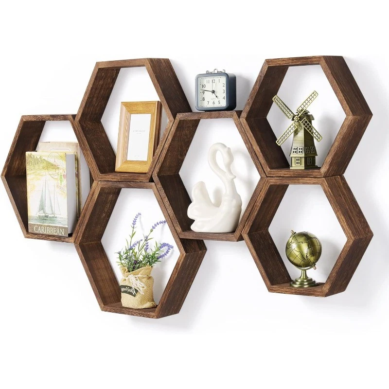 Set of 6 Honeycomb Wall Storage Shelf Wood Display Hexagonal Shelves, Brown
Opens in a new window or