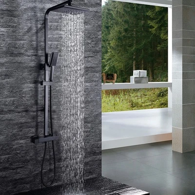 Duschsystem mit Thermostat Duscharmatur Regendusche Duschset Handbrause Schwarz - Bild 1 von 4