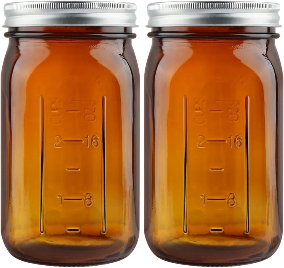 2 Pack Mason Jars 32 oz, Amber Wide Mouth Canning with Airtight